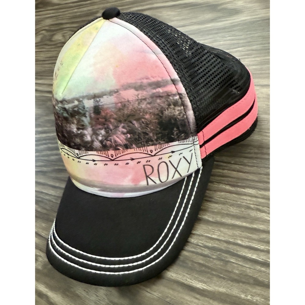 Roxy Trucker Women's Hat Cap Adjustable Snap Black Pink Palm Trees Beach Y2K